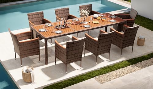 Devoko Outdoor Patio Dining Sets 9 Pieces Wicker Outdoor Dining Table and Chairs Set with Acacia Wood Table Top and Widened Armrests for Backyard, Garden, Deck (Brown)