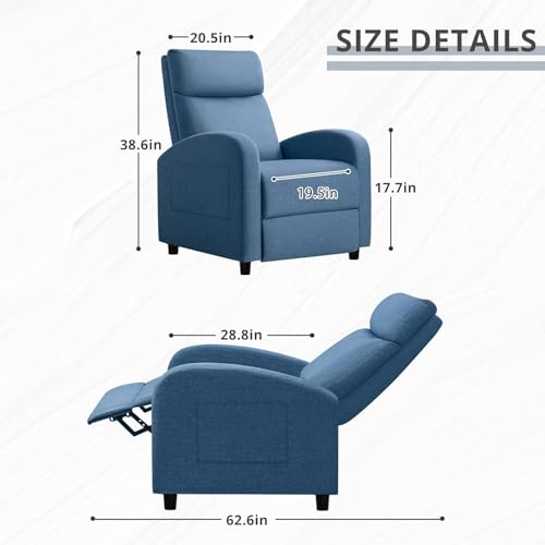 JUMMICO Recliner Chair Adjustable Home Theater Single Recliner Sofa Furniture with Thick Seat Cushion and Backrest Modern Living Room Recliners (Fabric, Light Blue)