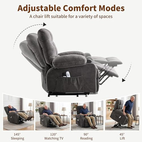 PoteSoar Power Lift Recliner Chair for Elderly with Massage and Heat, Comfortable Electric Power Reclining Chair with Side Pockets,2 Cup Holders and USB Charging Port for Living Room (Grey) PoteSoar