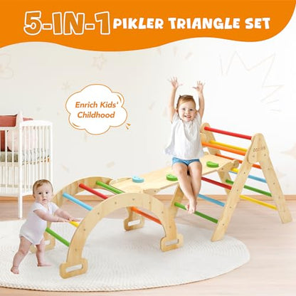 CoziBB Pikler Triangle Set, 5 in 1 Rainbow Baby Montessori Climbing Toys, Indoor Playground for Kids, Foldable Indoor Climbing Toys with Ramp, Arch Climber, Baby Climbing Toys for Toddlers 1-3