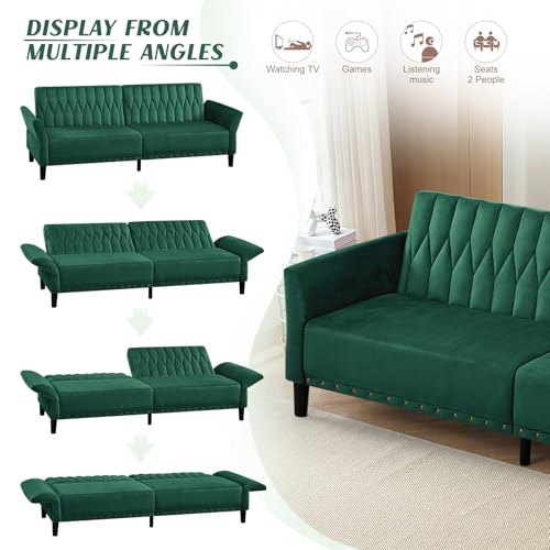 Lesofair 77" Velvet Sleeper Couch with Adjustable Backrests & Armrests, Modern Sofa Bed with Nailhead Trim, Tufted Loveseat Sofa with Deeper Seat for Living Room,Office,Green Lesofair