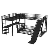 MERITLINE Queen Over Twin(XL) L-Shaped Metal Bunk Bed with Desk and Slide, Heavy Duty Triple Bunk Bed with Storage Shelves, Space-Saving and Quiet Design, Black MERITLINE
