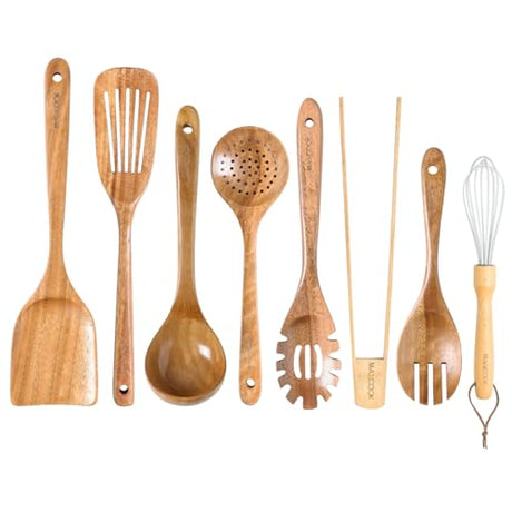 MAXCOOK Wooden Spoons for Cooking,8 Pcs Teak Wooden Kitchen Utensils Set,Natural Acacia Wood Non-stick Spatula Cooking Spoons,Lightweight, Convenient, Easy to Wash Wooden Cooking Utensils MAXCOOK