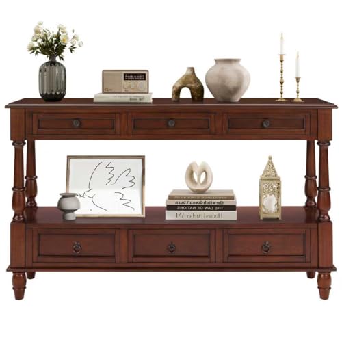LKTART 54'' Solid Wood Console Table, Farmhouse Entryway Table with 6 Drawers and Shelf, Narrow Long Sofa Table with Storage for Living Room Hallway, Couch, Foyer (Cherry) LKTART
