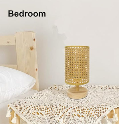 AFORTLO Table Desk Lamp,Small Rattan Hollow-Out Bamboo Boho Decorative Nightstand Night Light Solid Wood Base Lamp for Bedroom,Living Room,End Table or Office with Bulb(Rattan Hollow-Out) - WoodArtSupply