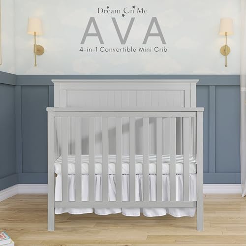 Dream On Me Ava 4-in-1 Convertible Mini Crib in Pebble Grey, 635-PG, Greenguard Gold Certified, Non-Toxic Finish, Comes with 1" Mattress Pad, with 3 Mattress Height Settings