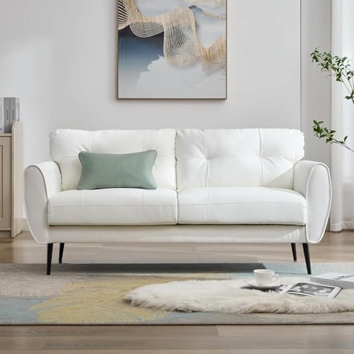 TYBOATLE 61" Loveseat Couches for Living Room, White Faux Leather Couch Mid Century Modern Tufted Mini Sofa Comfy Office 2 Seat Settee Love Seat Small Couches for Small Spaces Bedroom, White TYBOATLE