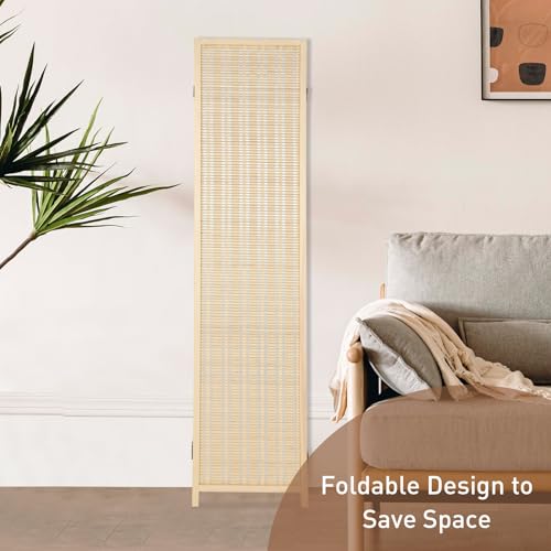4 Panel Bamboo Room Divider, 5.6 FT Folding Privacy Screen, Bamboo Panel Divider Screen for Room Separation, Freestanding Partition for Home, Office, Bedroom (Beige) ZFFURN