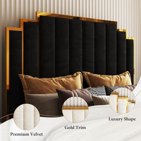 AMERLIFE King Size Upholstered Bed, Modern Velvet Bed Frame with 65.4” Tall Gold Trim Headboard, No Box Spring Needed, Black AMERLIFE