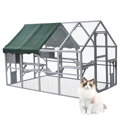 PeakPursui Extra Large Cat Enclosure,110'' Large Catio with Waterproof Roof, Pet Habitat for 57 FT² Space, Outdoor Pet House w/ 7 Platforms,2 Resting Box and 2 Bridges, for Kitty, Rabbit, Poultry Use PeakPursuit