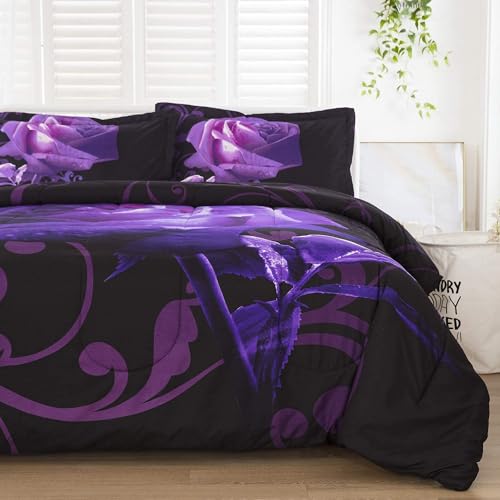 WONGS BEDDING Purple Comforter Set Twin, Reversible Purple Rose Pattern Printed Bedding Down Comforter with 1 Pillowcases for All Seasons, Soft Microfiber Filling Bedding Set 90"x68" WONGS BEDDING