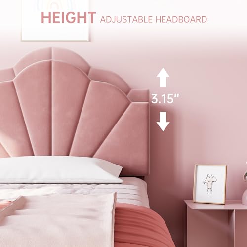 IDEALHOUSE Twin Bed Frame, Velvet Upholstered Platform Bed Frame with Height Adjustable Headboard for Boys & Girls, Wood Slat Support, Easy to Assemble, No Box Spring Needed, Light Pink IDEALHOUSE