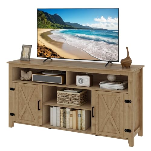 DWVO Farmhouse TV Cabinet for 65 Inch TV, Mid Century Modern TV Stand w/Barn Door, 59'' Entertainment Center with Storage, Rustic Media Console Television Table for Living Room, Natural - WoodArtSupply