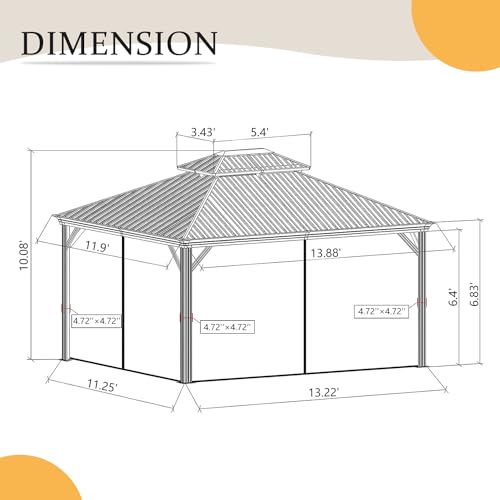 Domi Hardtop Gazebo 10x12FT, Outdoor Gazebo with Galvanized Steel Double Roof, Aluminum Frame, Built-in Gutter System, Curtain and Netting, Metal Gazebo Pavilion for Patio Deck Garden, Brown - WoodArtSupply