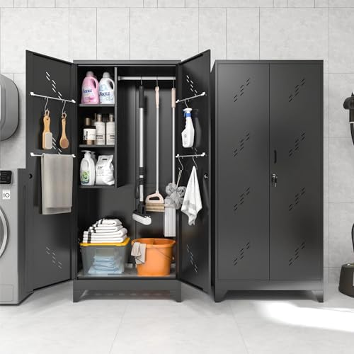 YILFANA 75" Metal Storage Cabinet with Lockable Doors, Functional Garage Storage Cabinets, Heavy-Duty Tool Organization Cabinet with Hanging Rod & S-Hooks (75" Utility Closet) YILFANA