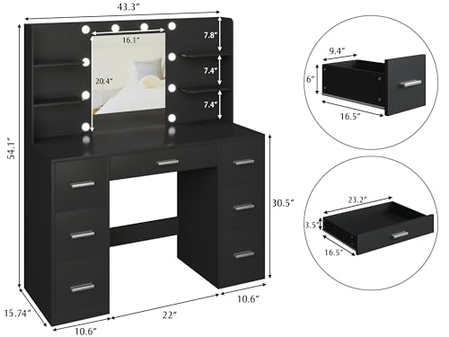 YESHOMY Vanity Desk with Mirror, Power Outlet and 10 Lights, Makeup Table with 7 Drawers, 3 Color Modes Available for Bedroom, Pure Black