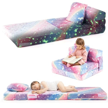Costzon Tri-Fold Sofa Bed for Kids, Glow Star Pattern Floor Mattress with Throw Pillow & Machine Washable Cover, Toddler Fold Out Couch Bed Trifold Floor Nap Mat Futon for Playroom (Multicolor) Costzon