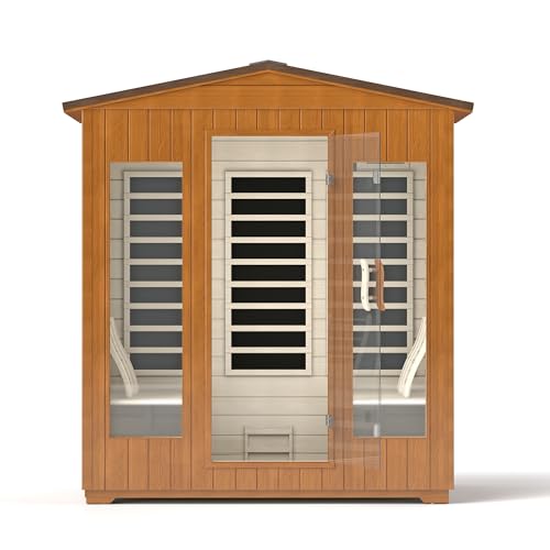Springspa Outdoor Sauna 4 Person, Infrared Sauna for Home, Wooden Outdoor Saunas Room, 3400 Low EMF Far Infrared with Bluetooth, LCD Panel, 7 Color Chromotherapy Lamp, Reading Lamp springspa