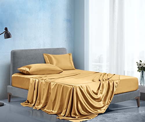Manyshofu Satin Twin Sheets Set 3 Piece - Soft Silky Satin Sheets Set, Camel Gold Satin Bed Sheet Cooling & Luxury Bedding Sheet Set(1 Fitted Sheet, 1 Flat Sheet, 1 Pillow case) Manyshofu