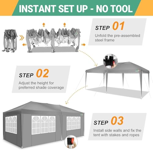 COBIZI 10x20 Pop Up Canopy Tent with 6 Sidewalls Party Tents Waterproof UPF 50+ Commercial Instant Outdoor Events Tent for Parties Markets Backyard, Ropes（10 x 20 ft Gray COBIZI