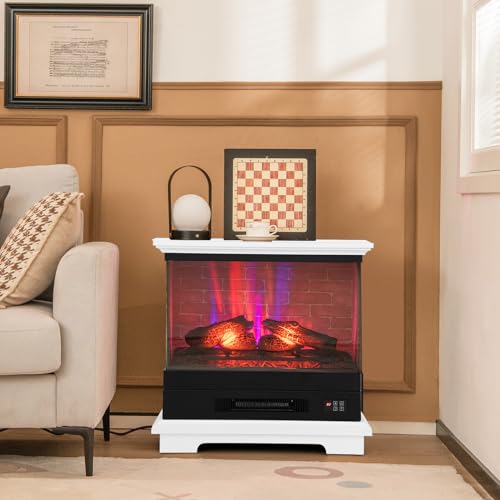ORALNER 27” Electric Fireplace with Mantel, 3-Sided Glass View, Wooden Surround Firebox, Freestanding Fireplace Heater w/ 7 Flame Colors, Remote & 6H Timer, Overheat Protection, 1400W (White) ORALNER