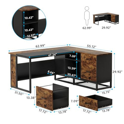 Tribesigns 63" L-Shaped Executive Desk, Large Office Desk with Drawers and Shelves, Rustic Long Business Furniture Desk with File Cabinet Storage Space, Home Office Workstation, Brown & Black - WoodArtSupply