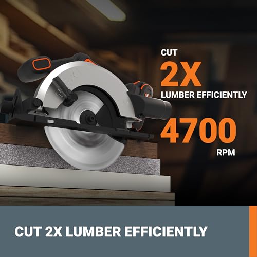Worx 20V Cordless Electric Circular Saw 6-1/2'' Max. 2-3/16" Cutting Depth 4700 Rpm 0-50° Bevel Capacity 2.0 Ah Battery and Charger Included WX526L WORX