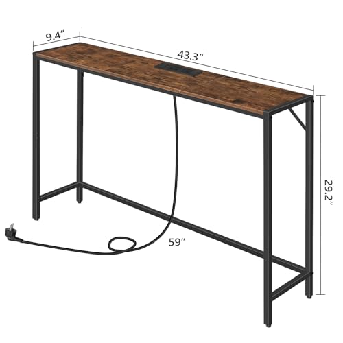 MAHANCRIS Console Table, Narrow Sofa Table, 43.3” Entrance Table with Power Station, Behind Couch Table, Simple Style, for Living Room, Hallway, Entryway, Foyer, Rustic Brown and Black CTHR112E01 MAHANCRIS