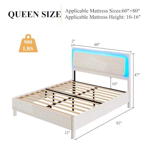 LUXOAK High Gloss Queen Bed Frame with LED Floating Headboard - Beige - WoodArtSupply