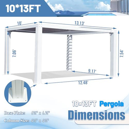 Domi Outdoor Living Louvered Pergola 10x13FT, Aluminum Outdoor Pergola with 2 Independently Adjustable Louver Roof, Full Aluminum Structure, White