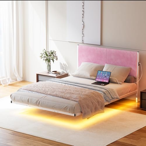 ARFARLY Floating Full Size Bed Frame with Headboard and LED Lights Upholstered Metal Platform Bed Frame Full with Charging Station No Box Spring Needed Easy to Assemble Pink ARFARLY