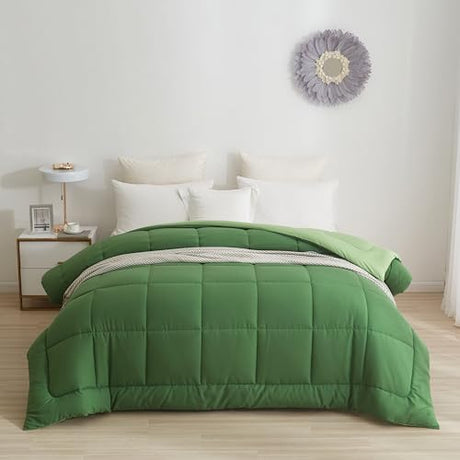 BedTreat Down Alternative Comforter Twin Duvet Insert with Corner Tabs, All Season Quilted Bed Comforter Box-Stitched Twin Comforter Olive Green and Grass Green，Machine Washable Microfiber Bedding BedTreat