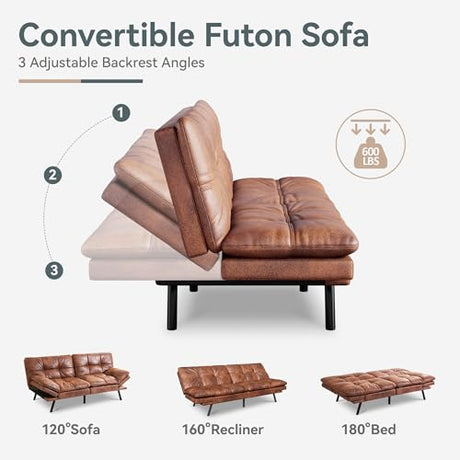 AMICLIBER Futon Sofa Bed Convertible Couch, Brown Faux Leather Sofa Bed with Memory Foam, Adjustable Backrest & Armrests, Multifunctional Small Loveseat Sleeper Sofa for Living Room, Apartment, Office AMICLIBER