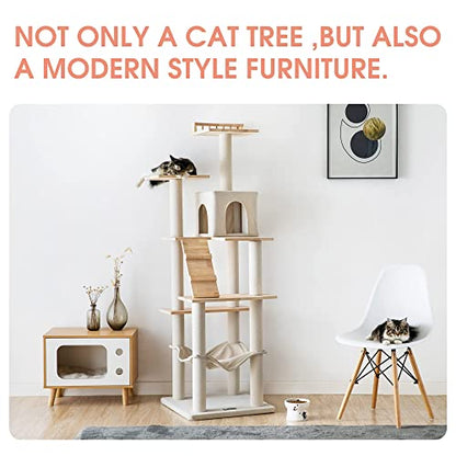 MWPO Cat Tree - 63.8-Inch Modern Wood Cat Tower for Indoor Cats,Multi-Level Cat Condo for Large Cat with Scratching Posts, Hammock- Beige - WoodArtSupply