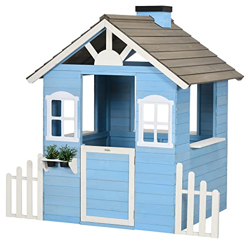 Outsunny Playhouse for Kids Outdoor, Country Style Wooden Playhouse with Flower Pot Holders, Working Door, Windows, Service Stations for 3-7 Years,