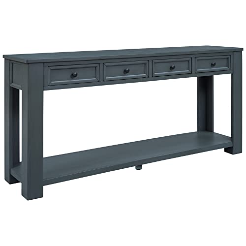 Knocbel Console Table with 4 Storage Drawers Bottom Shelf, Rustic Distressed Sofa Table for Entryway Hallway, Assembly Required, 63" W x 14" D x 30" H, Navy Knocbel