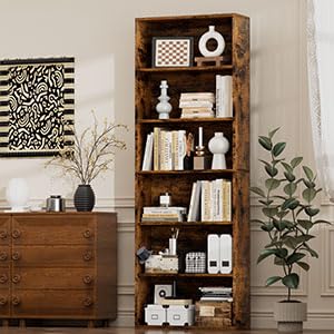 JAMFLY Open Bookshelf and Bookcase, 6 Shelf Storage Tall Bookcase for Bedroom, Living Room and Office, Vintage Brown JAMFLY