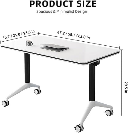 LISDERGOD Conference Table Foldable Meeting Tables, Mobile Training Table with Wheels, Flip Top Rolling Seminar Meeting Table for Office,Meeting Room,classr (White, 63×23.6×29.5in)