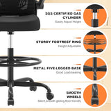 Ergonomic Drafting Chair, Tall Office Chair with Flip-up Armrests, Breathable Mesh High Desk Chair with Lumbar Support Adjustable Footrest Ring for Standing Desk Black Synorla
