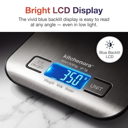 KitchenOra Digital Food Kitchen Scale, 11lb/5kg Capacity with 1g Precision, 5 Units (g/oz/lb:oz/ml/fl'oz), 304 Stainless Steel Surface, Backlit LCD, Tare Function for Cooking, Baking, Keto & Meal Prep