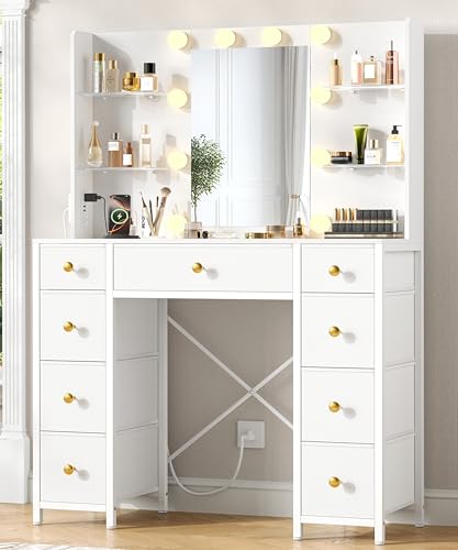 Akxomel Vanity Desk with Mirror and Lights, White Makeup Vanity Table with with Power Outlet, 13.8" D x 37.4" W x 55.1" H, Storage Drawers, Compact Modern Vanity Desk for Bedroom, for Girls, Women Akxomel