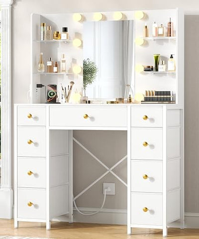 Akxomel Vanity Desk with Mirror and Lights, White Makeup Vanity Table with with Power Outlet, 13.8" D x 37.4" W x 55.1" H, Storage Drawers, Compact Modern Vanity Desk for Bedroom, for Girls, Women