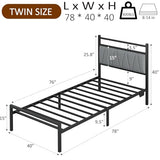 CollaredEagle Twin Bed Frame with LED Lights & Charging Station, Metal Platform Bed Frame with Fabric Upholstered Headboard, No Box Spring Needed, Noise Free, Easy Assembly, Black CollaredEagle