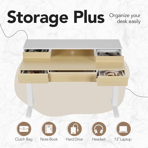 HUANUO Standing Desk with Drawers, 48 Inches Electric Height Adjustable Desk with Storage, Whole-Piece Board Sit Stand Up Desk with Monitor Shelf, Light Walnut HUANUO