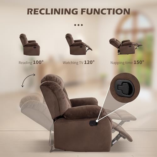 INZOY Manual Recliner Chair with Padded Armrest, Wall-Hugger Single Sofa Recliners with Overstuffed Back, Classical Fabric Reclining Chairs for Living Room Theater Seating, Brown