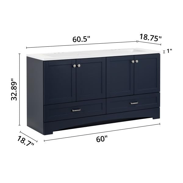 Spring Mill Cabinets Emlyn 60 Inch Double-Sink Bathroom Vanity with White Top, 2 Cabinets, 2 Drawers, 60.5" W x 18.75" D x 32.89", Deep Blue Spring Mill Cabinets