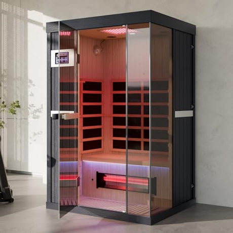 DAIMOT 2-Person Full Spectrum Sauna, 1990W 120V with 12"*12" Red Light Therapy, 2 Speakers, Indoor Dry Sauna for Home & Gym, Canadian Hemlock Wood DAIMOT