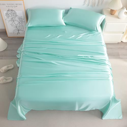 NTBAY Silk Satin Twin Sheet Set, 3-Piece Luxury and Soft Bedding Set Cooling Silky Sheets for Hair and Skin, Includes 1 Pillowcase, 1 Flat Sheet, 1 Fitted Sheet with Deep Pocket, Turquoise Blue NTBAY