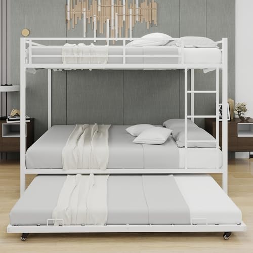 HSUFLWS Metal Queen Over Queen Bunk Bed with Trundle, Heavy Duty Bunk Beds with Full-Length Guardrails & Double Side Ladders, 3 Bunk Beds for Kids Teens Adults, Noise-Free (White, Queens Over Queens) HSUFLWS