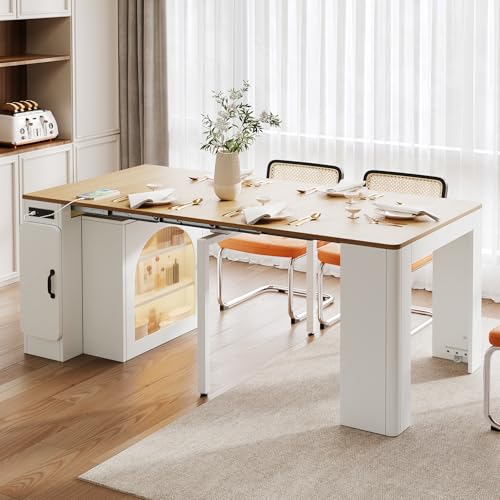 Hennhari Extendable Console Dining Table with Power Outlet & Iron Support Legs, Console Table with Extension Leaves Holder & LED Lights Glass Door Storage for Dining Room (Cream White) Hennhari